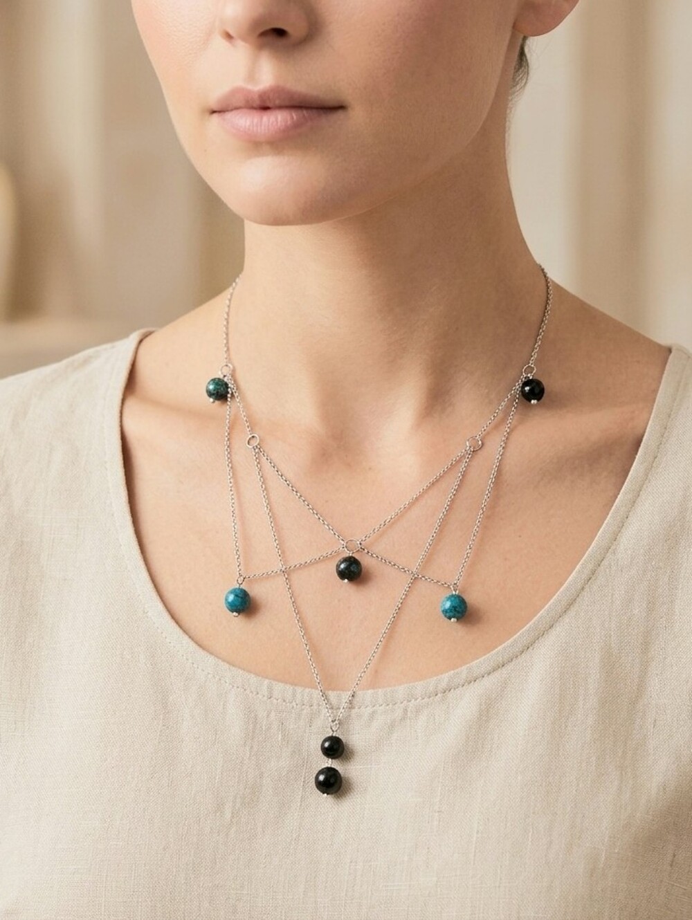 Handcrafted Black & Teal Beaded Tiered Statement Necklace